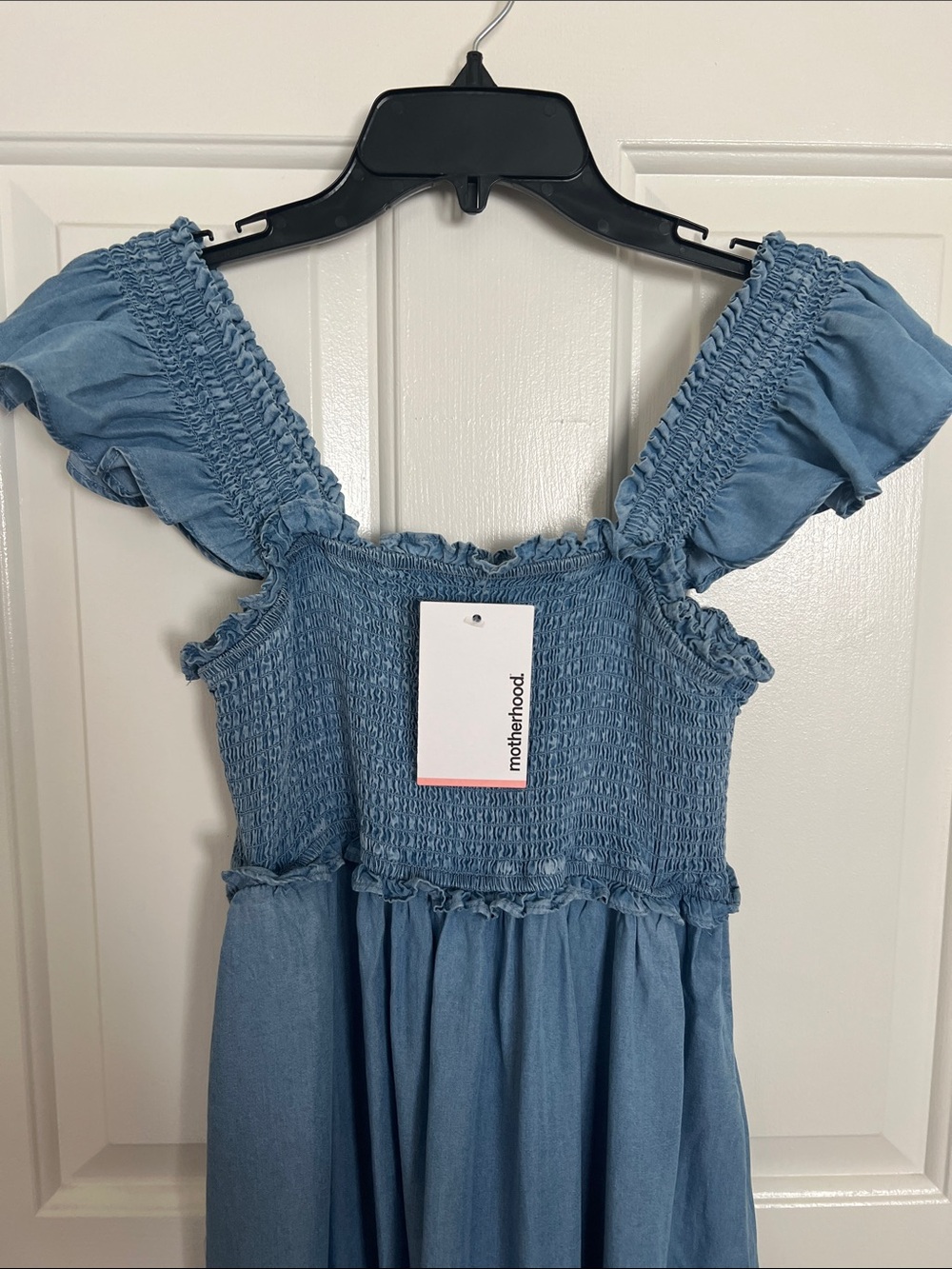 Motherhood Maternity Blue Chambray Maxi Skirt Dress with Ruffle Straps - Picture 2 of 13